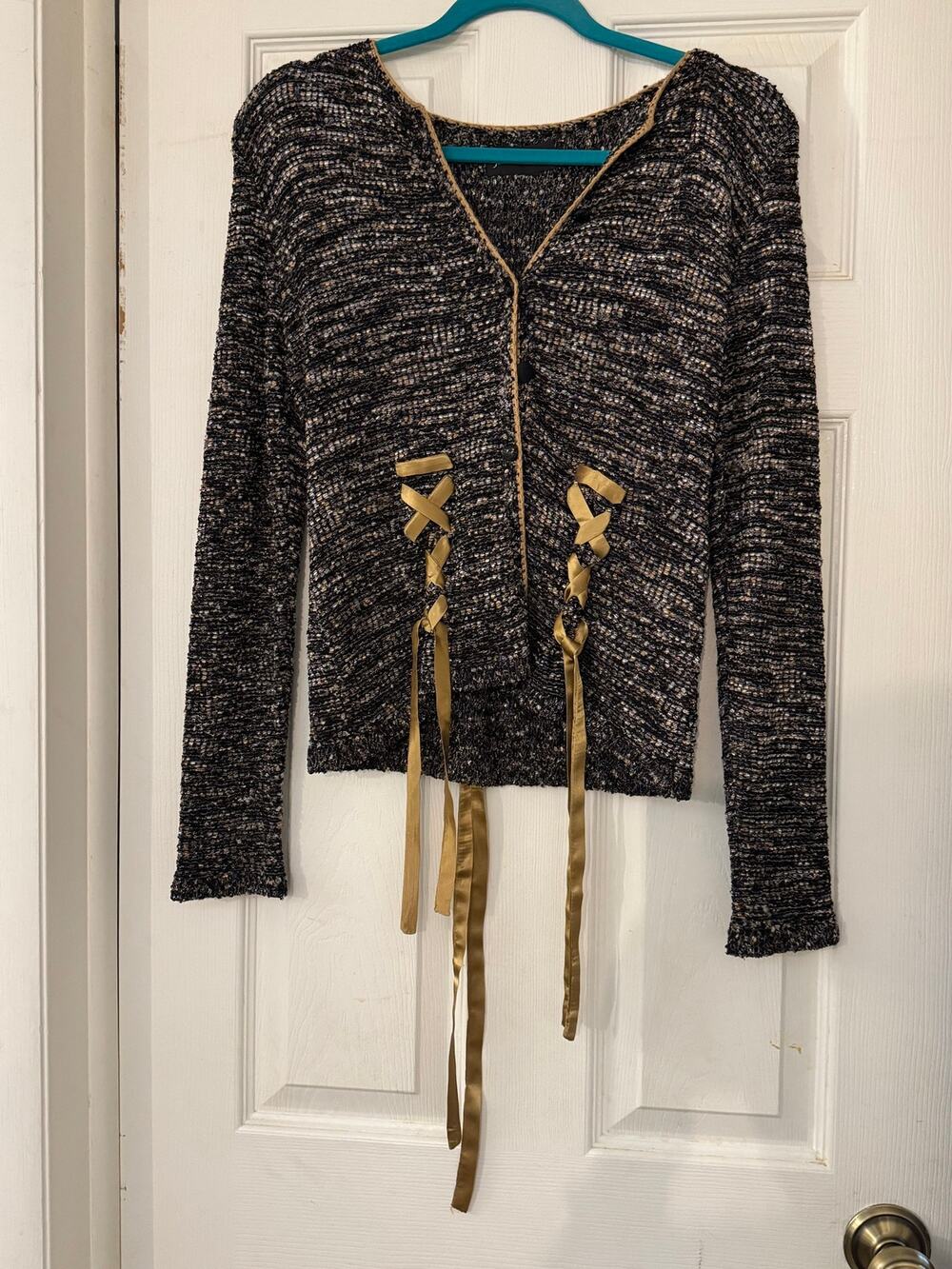 Elasis Marled Knit Cardigan with Gold Ribbon Corset Lace-Up Accents size S